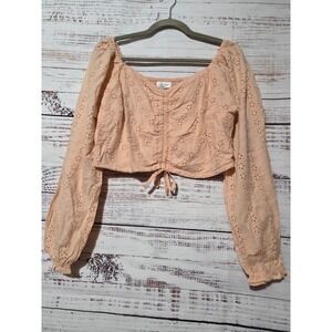 Japna Peach Cotton Eyelet Crop Top Long Sleeve Smocked Back Blouse Large